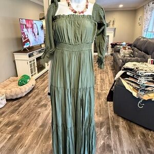 - Green Ruched Off the Shoulder Sundress